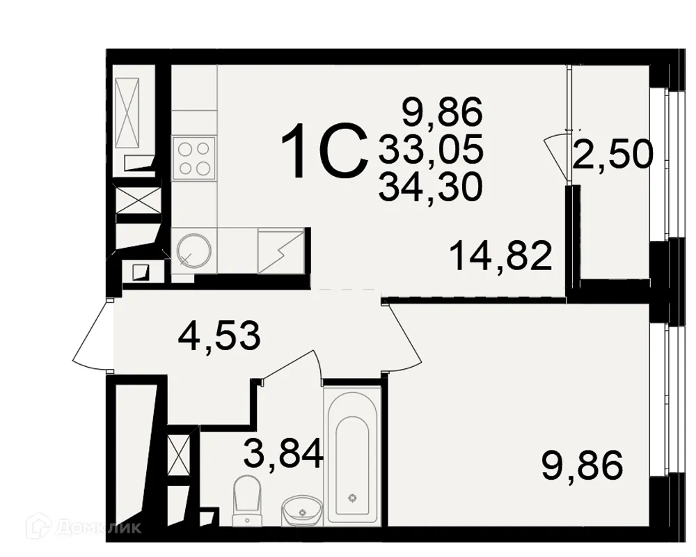 Планировка 1-комнатной квартиры 34.3 м² в ЖК"Новое измерение", г. Рязань — фото 1