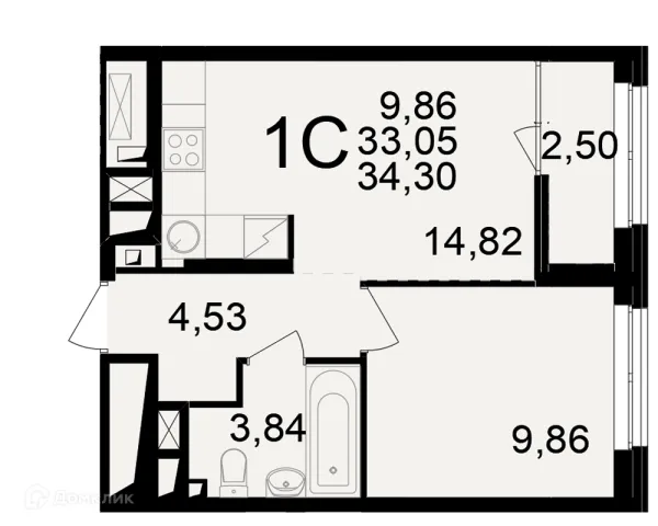 Планировка 1 комн. в ЖК"Новое измерение"