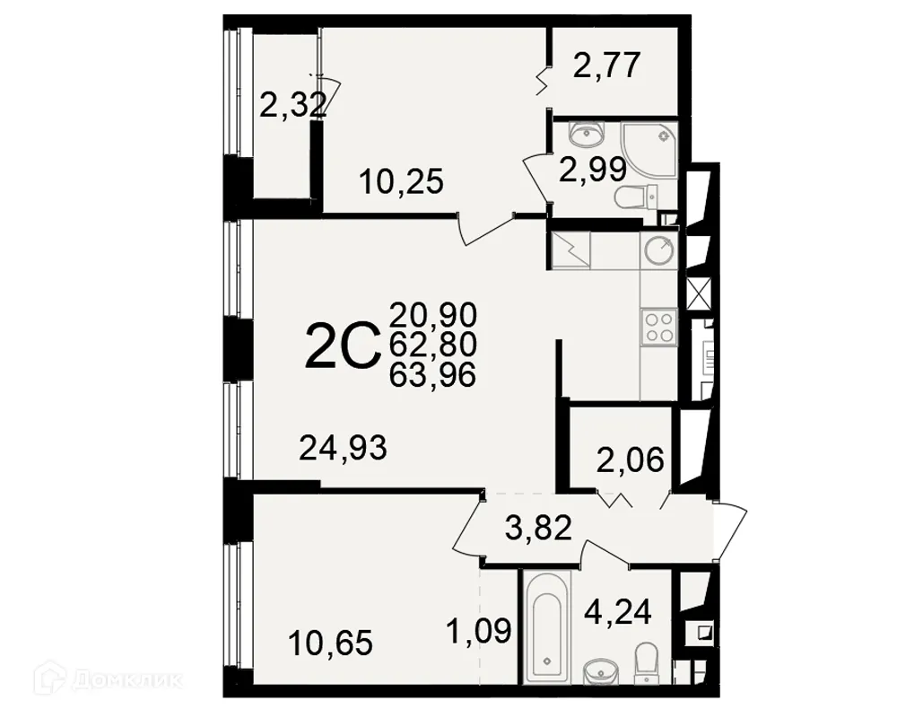 Планировка 2-комнатной квартиры 63.96 м² в ЖК"Новое измерение", г. Рязань — фото 1