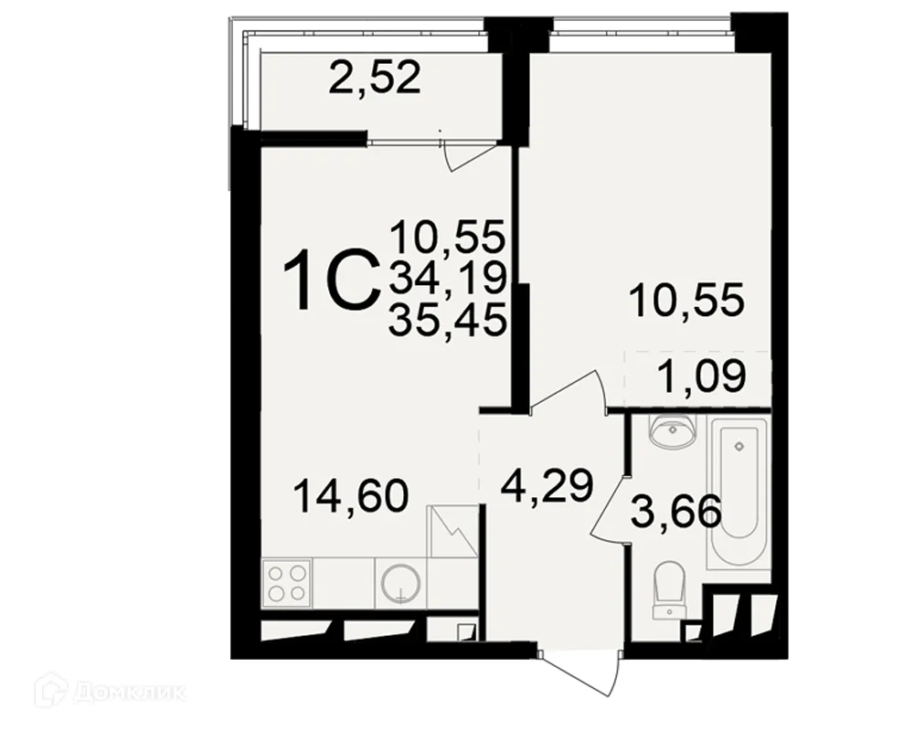 Планировка 1-комнатной квартиры 35.45 м² в ЖК"Новое измерение", г. Рязань — фото 1