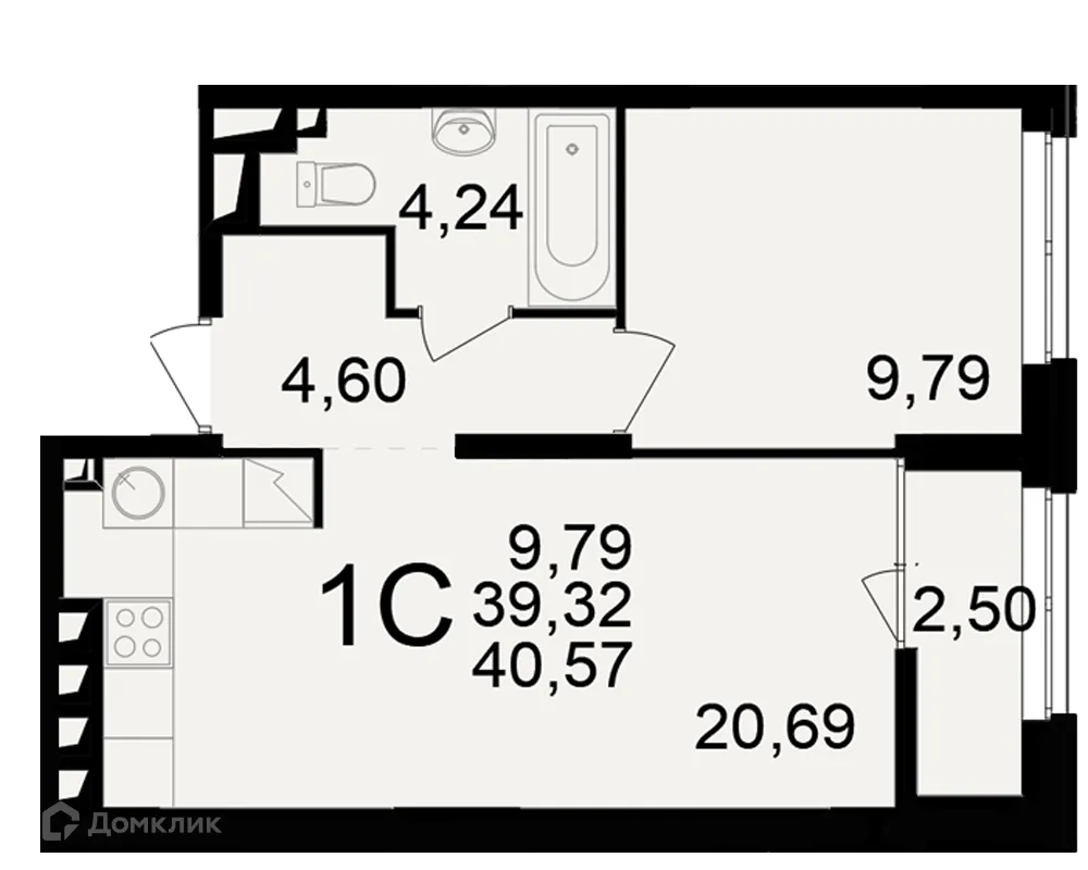 Планировка 1-комнатной квартиры 40.57 м² в ЖК"Новое измерение", г. Рязань — фото 1