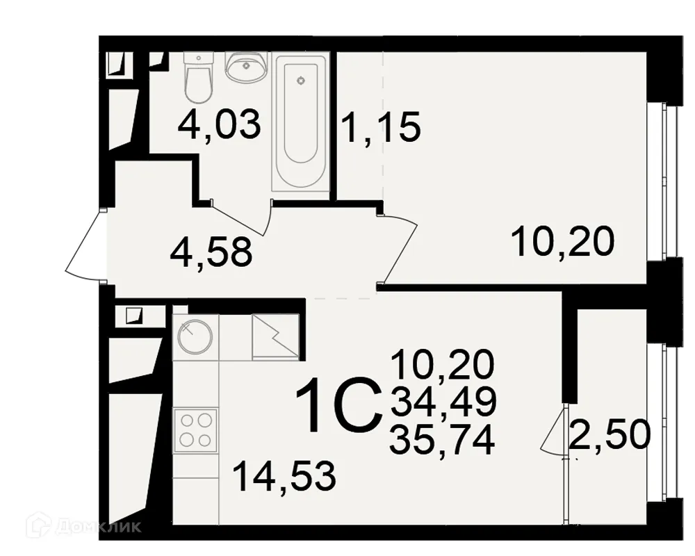 Планировка 1-комнатной квартиры 35.74 м² в ЖК"Новое измерение", г. Рязань — фото 1