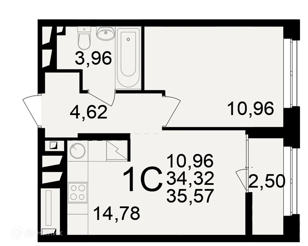 Планировка 1-комнатной квартиры 35.57 м² в ЖК"Новое измерение", г. Рязань — фото 1