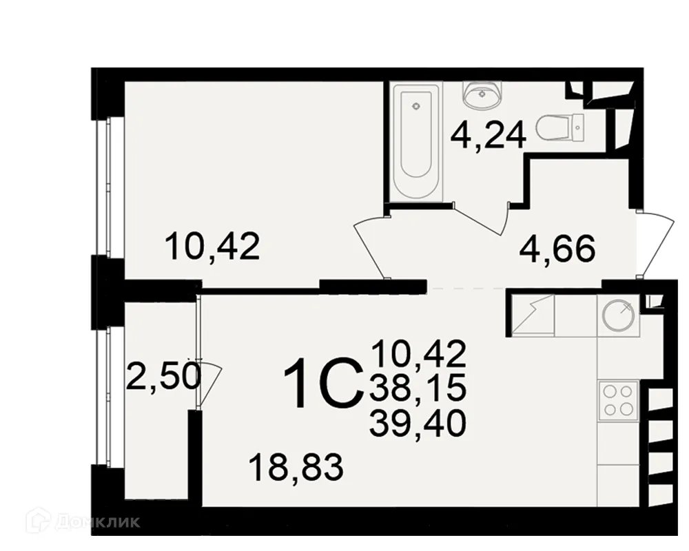 Планировка 1-комнатной квартиры 39.4 м² в ЖК"Новое измерение", г. Рязань — фото 1