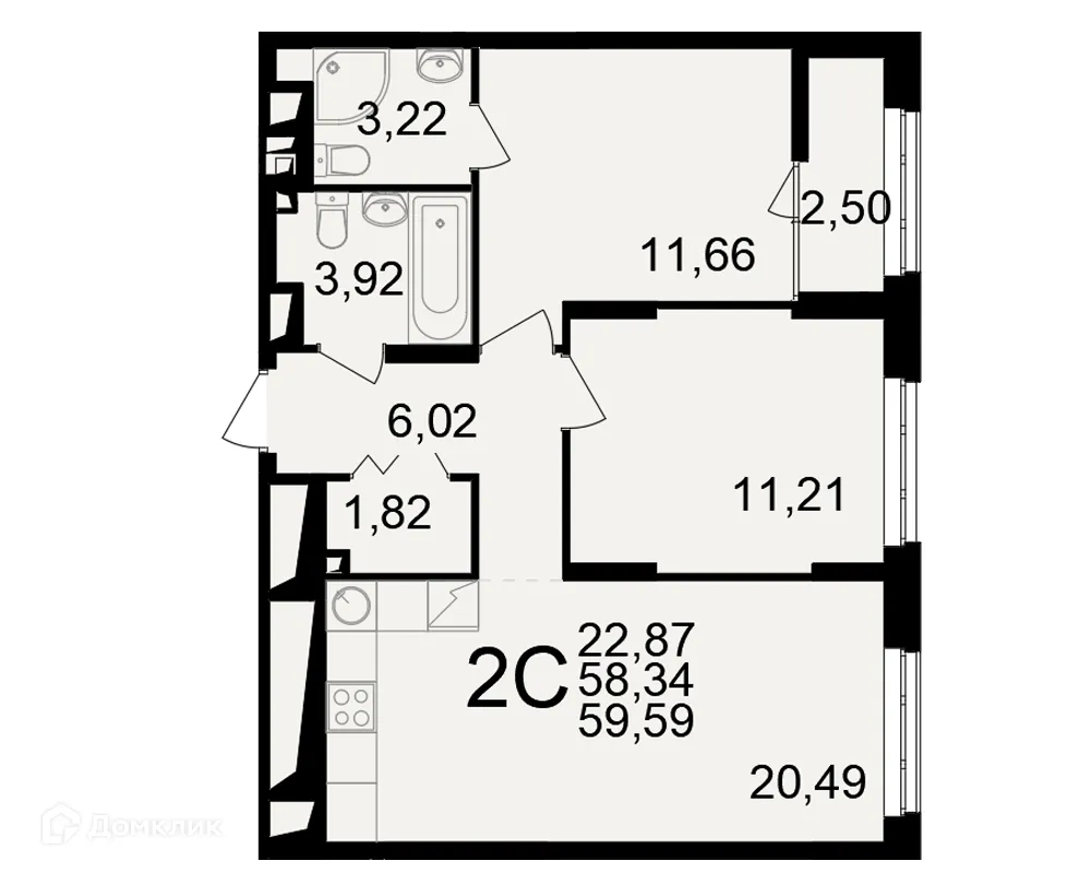 Планировка 2-комнатной квартиры 59.59 м² в ЖК"Новое измерение", г. Рязань — фото 1