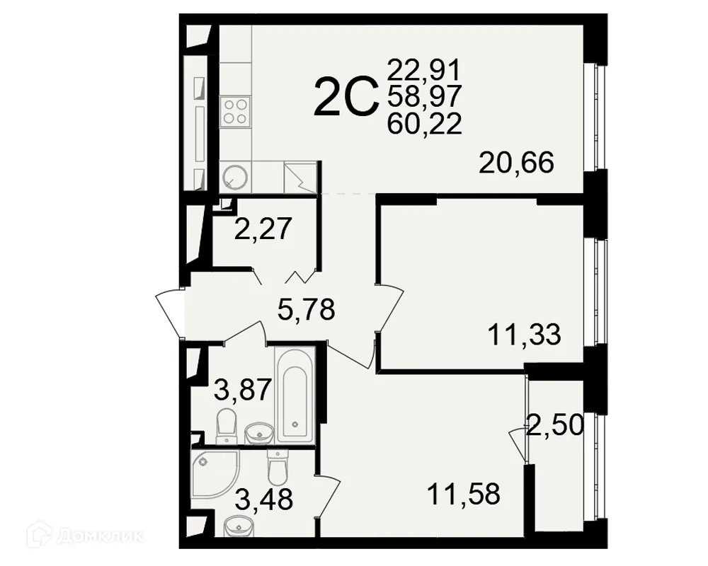 Планировка 2-комнатной квартиры 60.22 м² в ЖК"Новое измерение", г. Рязань — фото 1