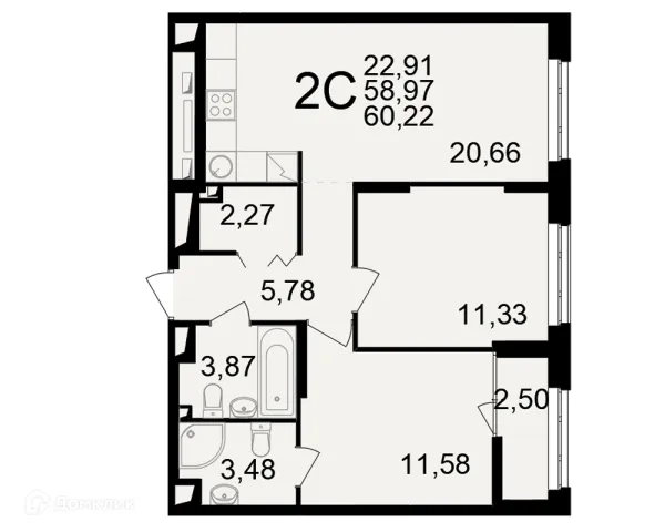 Планировка 2 комн. в ЖК"Новое измерение"