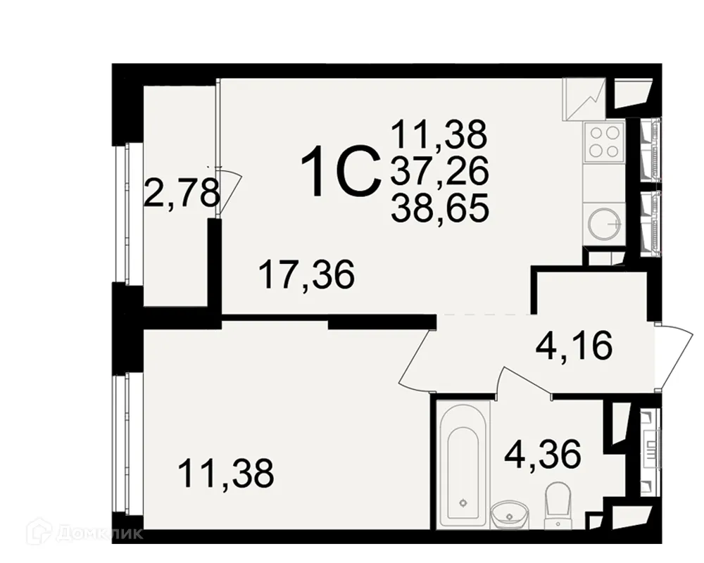 Планировка 1-комнатной квартиры 38.65 м² в ЖК"Новое измерение", г. Рязань — фото 1