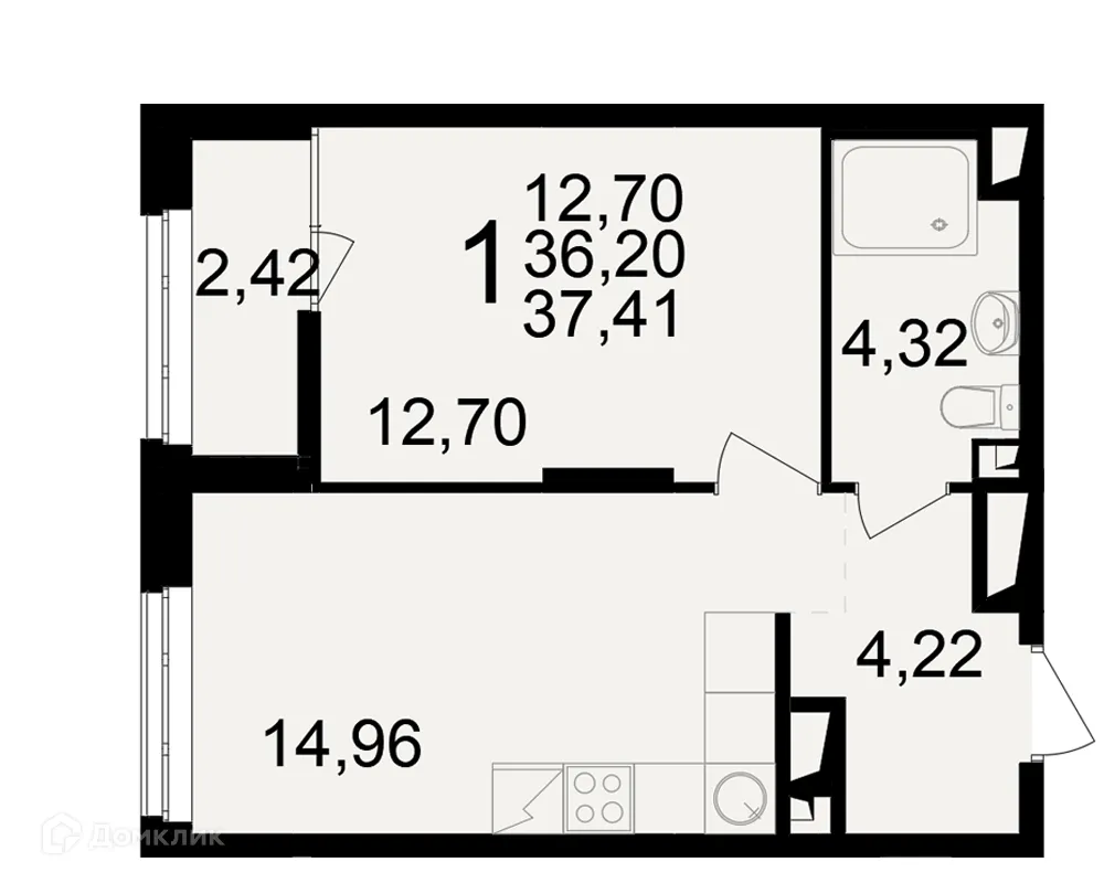 Планировка 1-комнатной квартиры 37.41 м² в ЖК"Новое измерение", г. Рязань — фото 1
