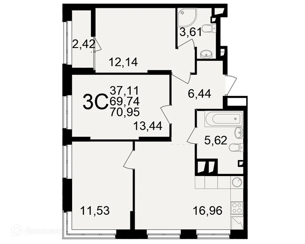Планировка 3-комнатной квартиры 70.95 м² в ЖК"Новое измерение", г. Рязань — фото 1