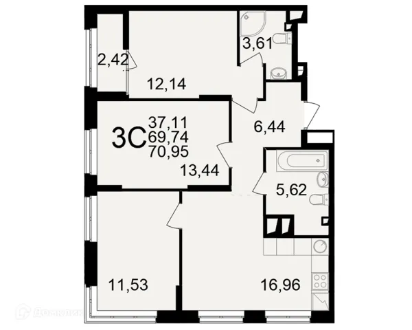 Планировка 3 комн. в ЖК"Новое измерение"