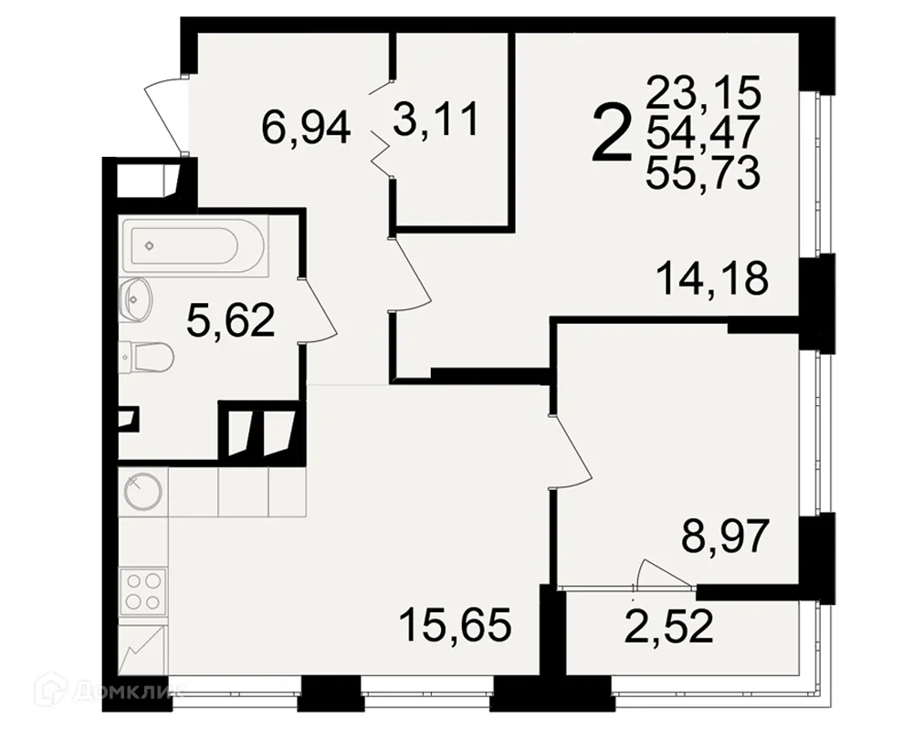 Планировка 2-комнатной квартиры 55.73 м² в ЖК"Новое измерение", г. Рязань — фото 1
