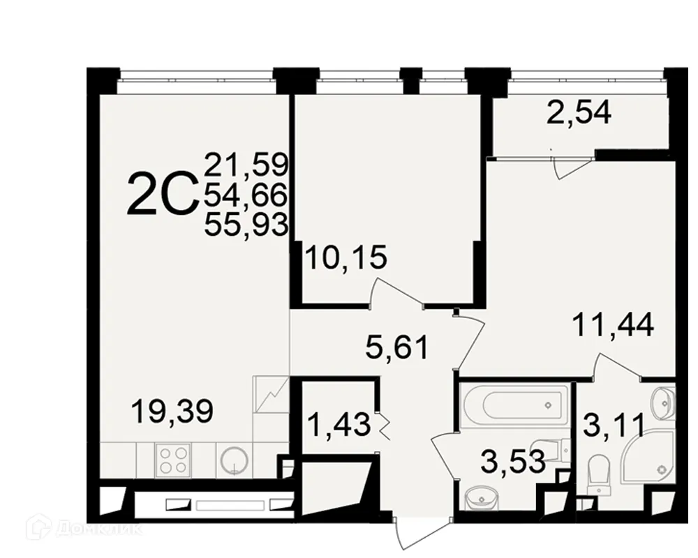 Планировка 2-комнатной квартиры 55.93 м² в ЖК"Новое измерение", г. Рязань — фото 1