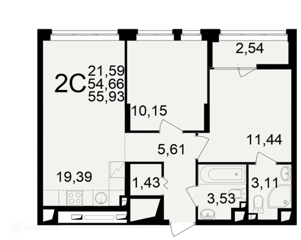 Планировка 2 комн. в ЖК"Новое измерение"