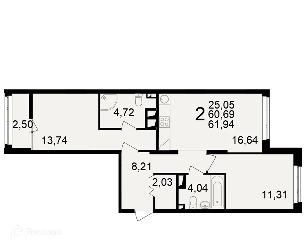 Планировка 2-комнатной квартиры 61.94 м² в ЖК"Новое измерение", г. Рязань — фото 1