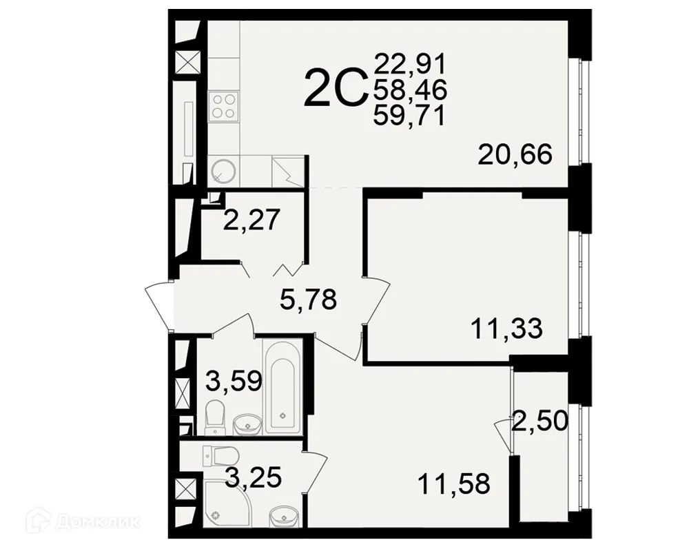 Планировка 2-комнатной квартиры 59.71 м² в ЖК"Новое измерение", г. Рязань — фото 1