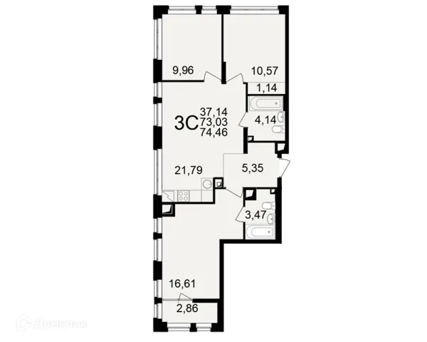 Планировка 3 комн. в ЖК"Новое измерение"