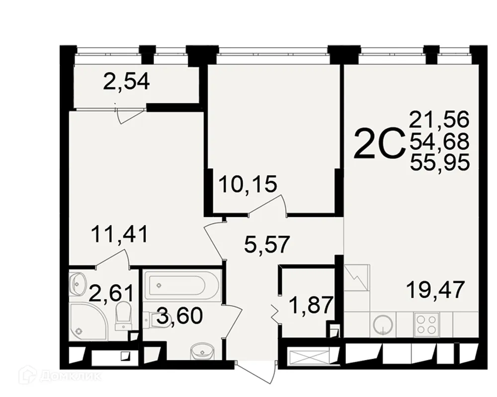 Планировка 2-комнатной квартиры 55.95 м² в ЖК"Новое измерение", г. Рязань — фото 1