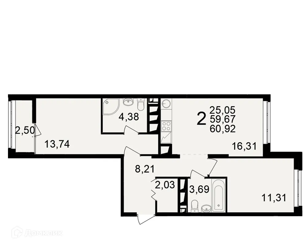 Планировка 2-комнатной квартиры 60.92 м² в ЖК"Новое измерение", г. Рязань — фото 1