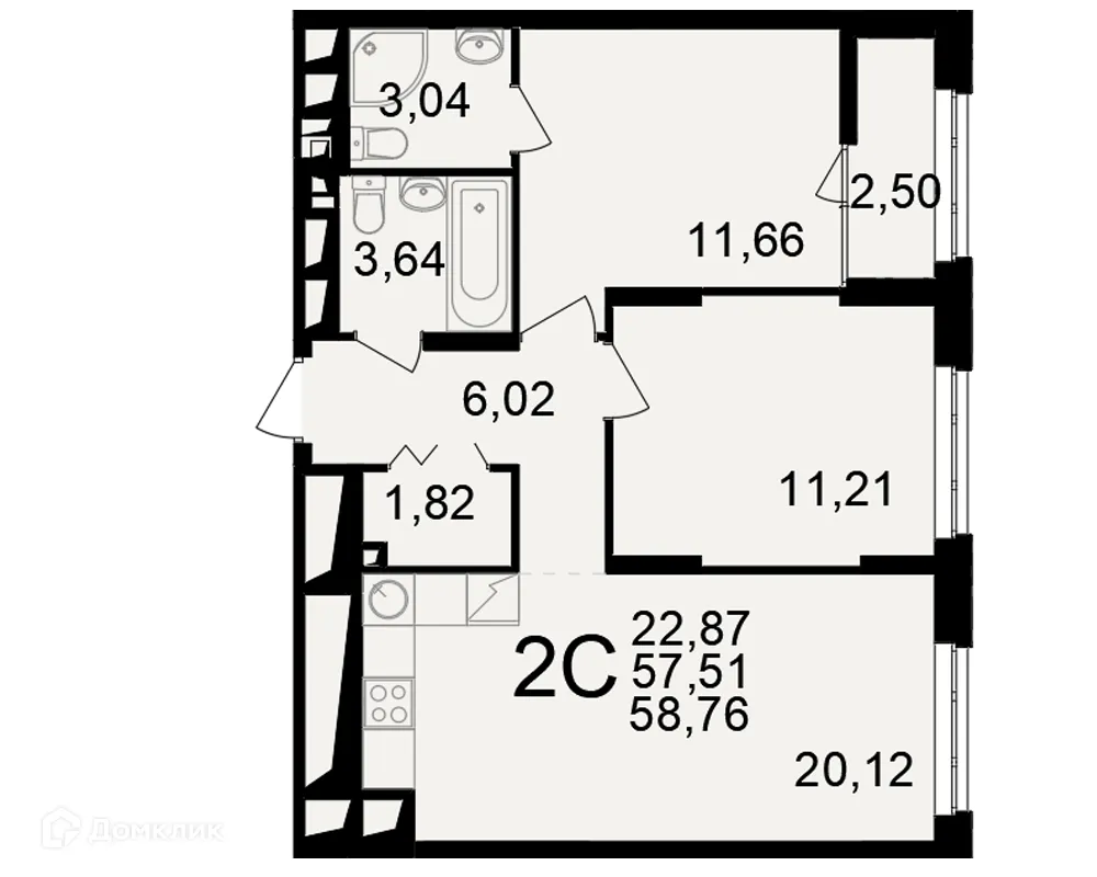 Планировка 2-комнатной квартиры 58.76 м² в ЖК"Новое измерение", г. Рязань — фото 1