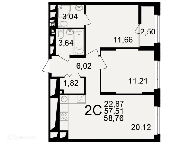 Планировка 2 комн. в ЖК"Новое измерение"