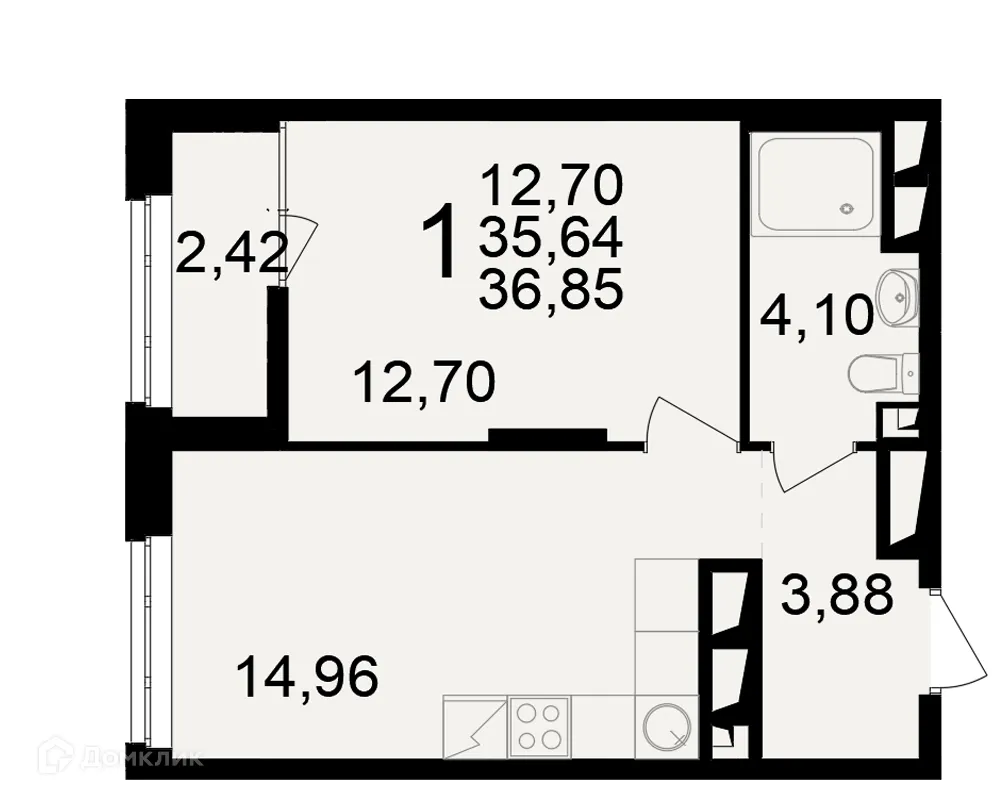 Планировка 1-комнатной квартиры 36.85 м² в ЖК"Новое измерение", г. Рязань — фото 1