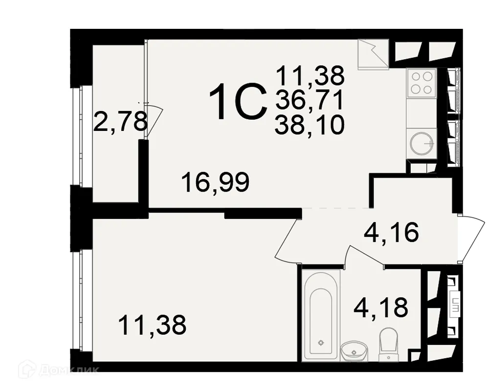 Планировка 1-комнатной квартиры 38.1 м² в ЖК"Новое измерение", г. Рязань — фото 1