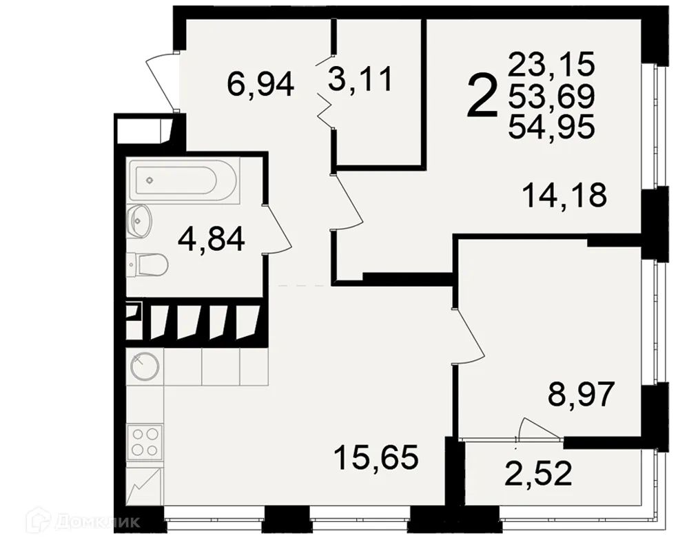 Планировка 2-комнатной квартиры 54.95 м² в ЖК"Новое измерение", г. Рязань — фото 1
