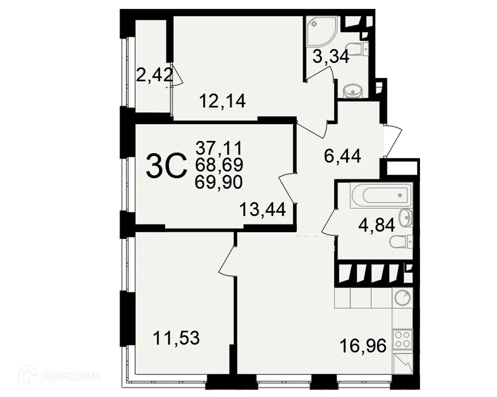 Планировка 3-комнатной квартиры 69.9 м² в ЖК"Новое измерение", г. Рязань — фото 1
