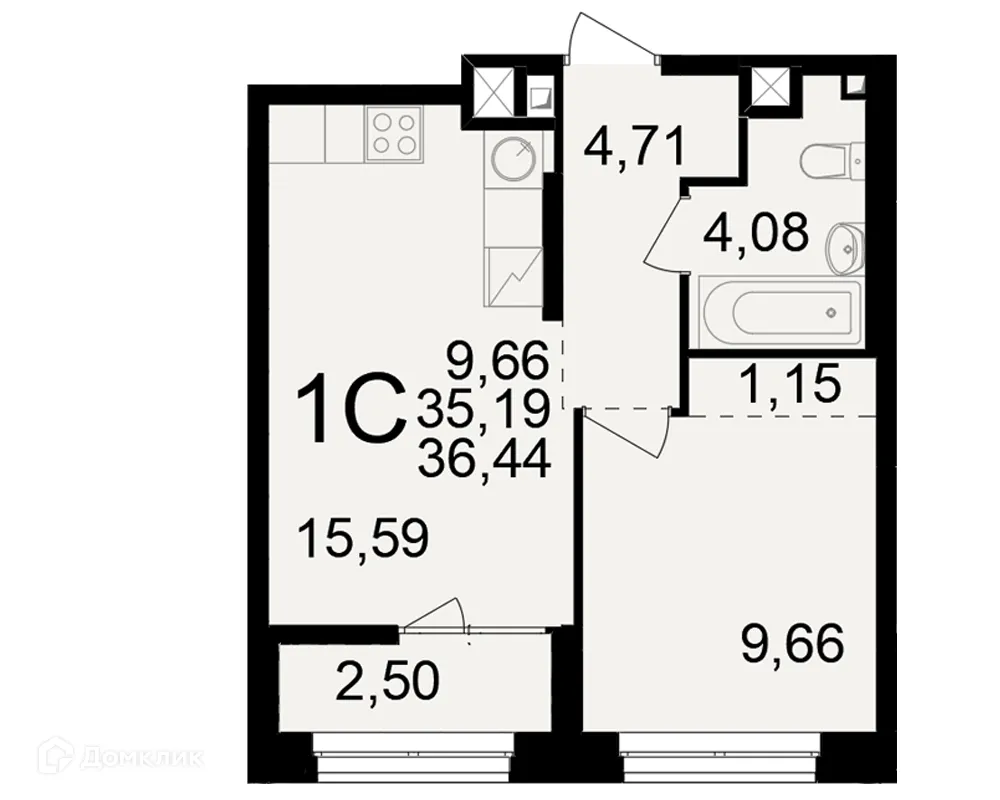 Планировка 1-комнатной квартиры 36.44 м² в ЖК"Новое измерение", г. Рязань — фото 1