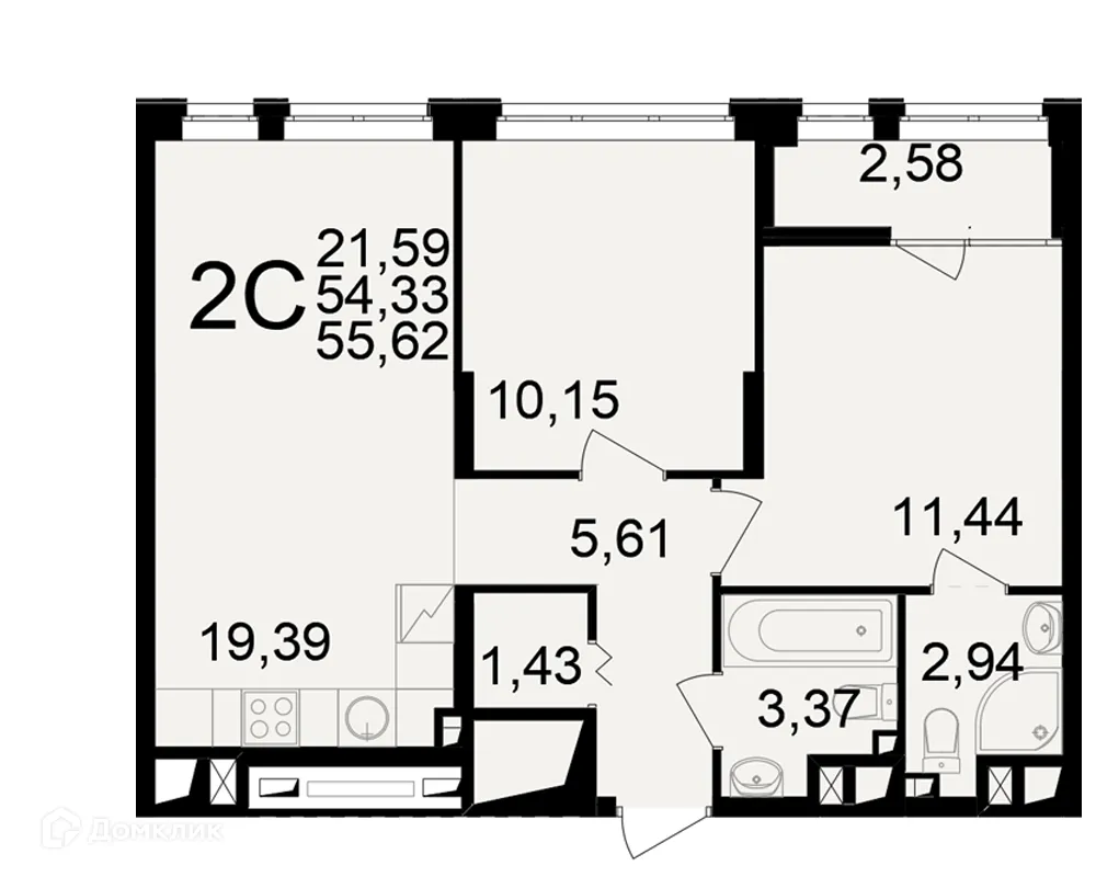 Планировка 2-комнатной квартиры 55.62 м² в ЖК"Новое измерение", г. Рязань — фото 1