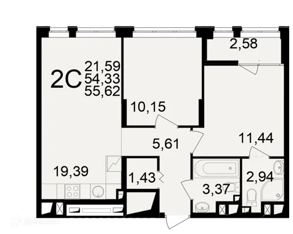 Планировка 2 комн. в ЖК"Новое измерение"