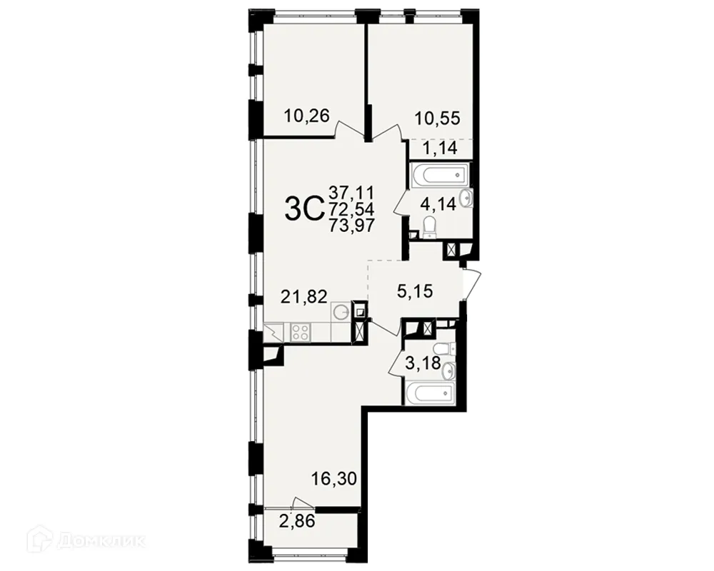 Планировка 3-комнатной квартиры 73.97 м² в ЖК"Новое измерение", г. Рязань — фото 1