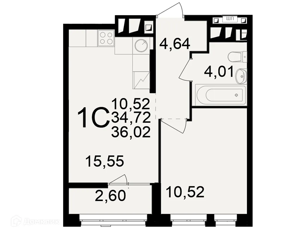 Планировка 1-комнатной квартиры 36.02 м² в ЖК"Новое измерение", г. Рязань — фото 1
