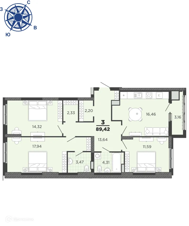 Планировка 3-комнатной квартиры 89.42 м² в ЖК "Академик", г. Рязань — фото 1