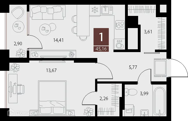 Планировка 1-комнатной квартиры 45.16 м² в ЖК «Галерея», г. Рязань — фото 1