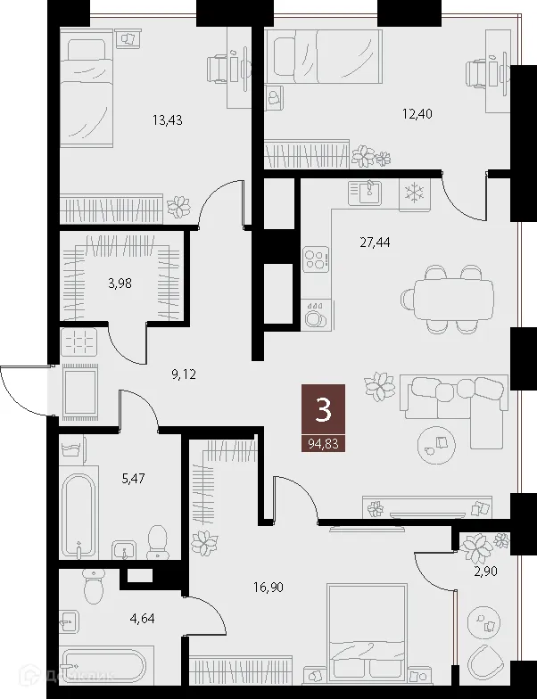 Планировка 3-комнатной квартиры 94.83 м² в ЖК «Галерея», г. Рязань — фото 1