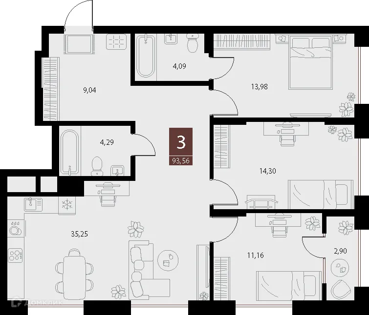 Планировка 3-комнатной квартиры 93.56 м² в ЖК «Галерея», г. Рязань — фото 1