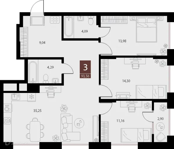 Планировка 3 комн. в ЖК «Галерея»