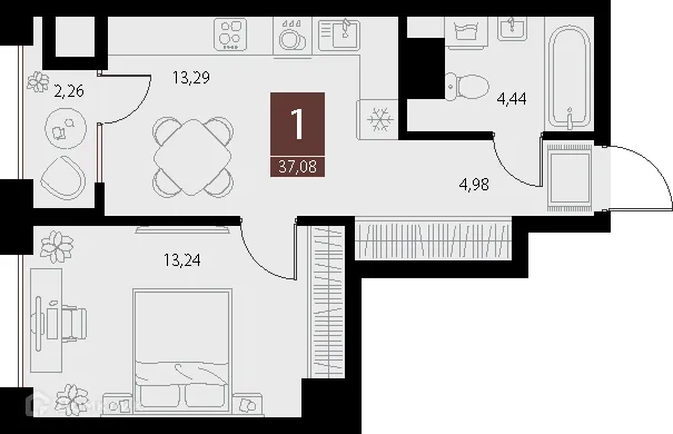 Планировка 1-комнатной квартиры 37.08 м² в ЖК «Галерея», г. Рязань — фото 1