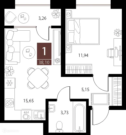 Планировка 1-комнатной квартиры 38.1 м² в ЖК «Галерея», г. Рязань — фото 1