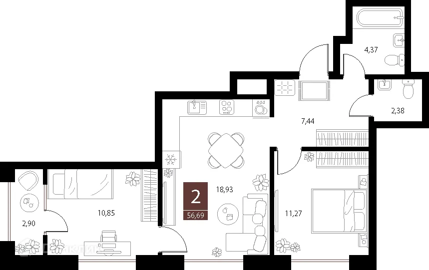 Планировка 2-комнатной квартиры 56.69 м² в ЖК «Галерея», г. Рязань — фото 1