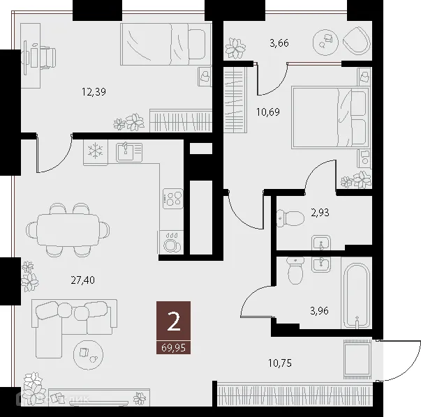 Планировка 2-комнатной квартиры 69.95 м² в ЖК «Галерея», г. Рязань — фото 1