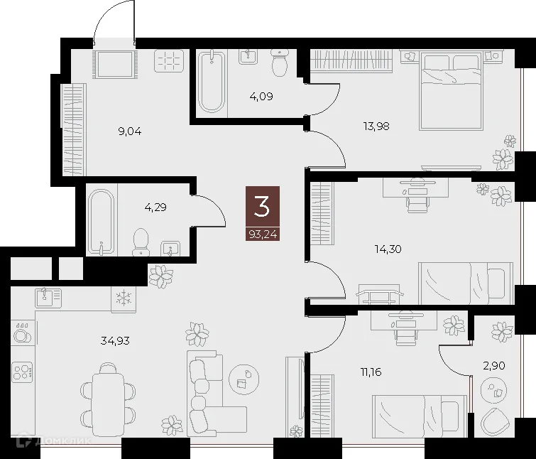 Планировка 3-комнатной квартиры 93.24 м² в ЖК «Галерея», г. Рязань — фото 1