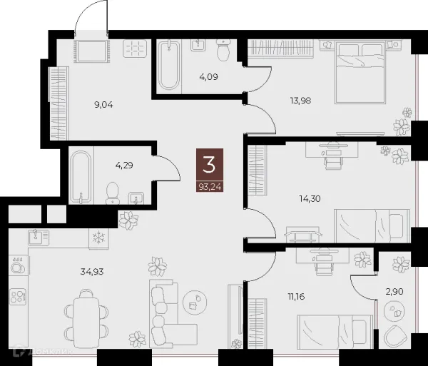 Планировка 3 комн. в ЖК «Галерея»