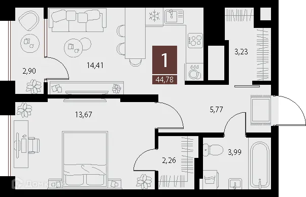 Планировка 1-комнатной квартиры 44.78 м² в ЖК «Галерея», г. Рязань — фото 1