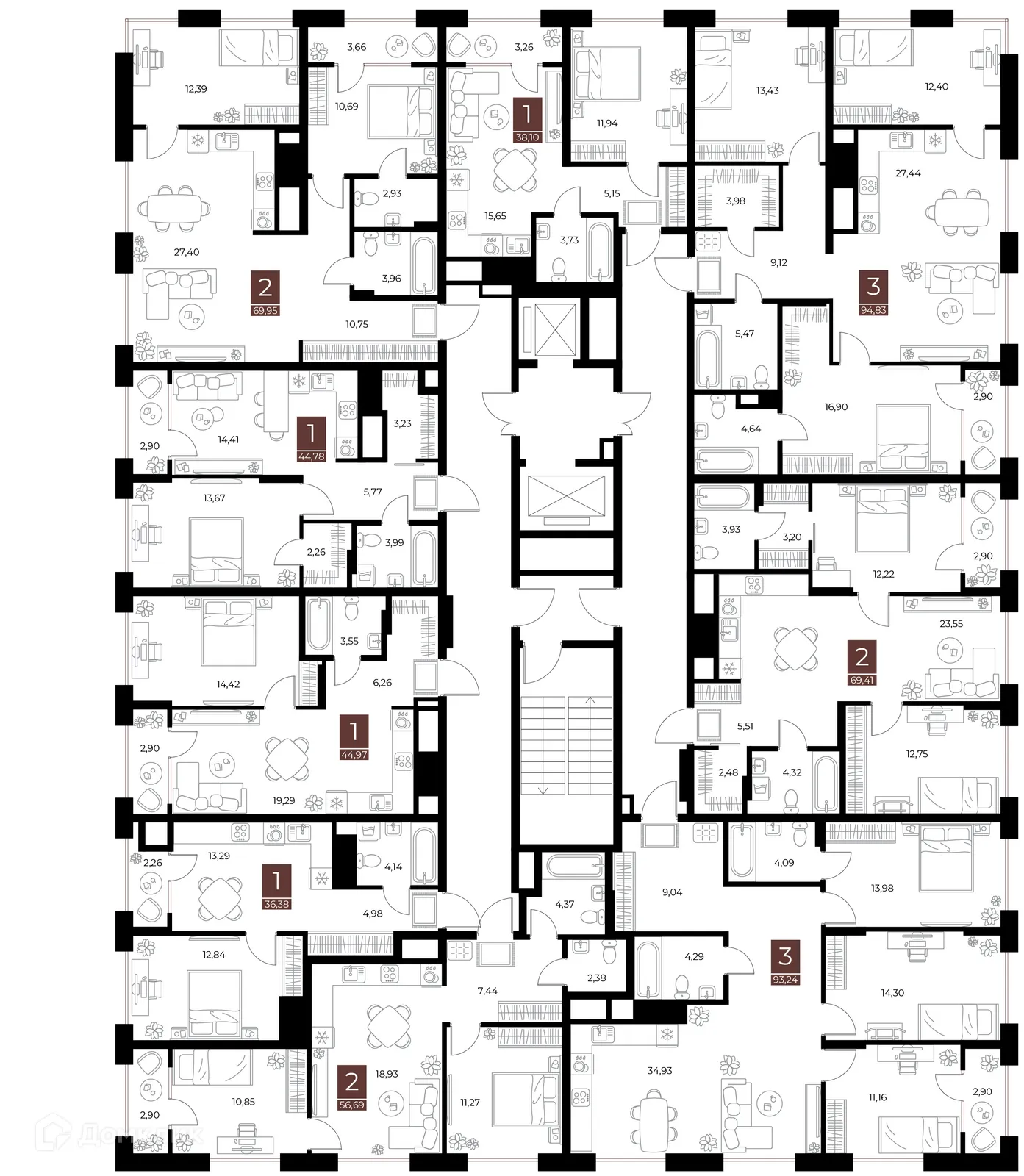 Планировка 1-комнатной квартиры 44.78 м² в ЖК «Галерея», г. Рязань — фото 2