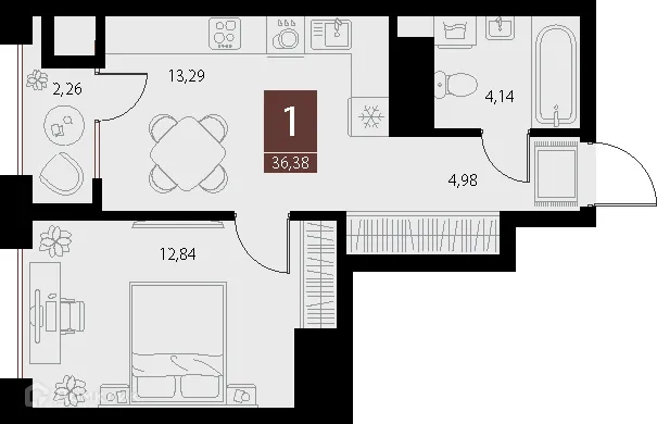 Планировка 1-комнатной квартиры 36.38 м² в ЖК «Галерея», г. Рязань — фото 1