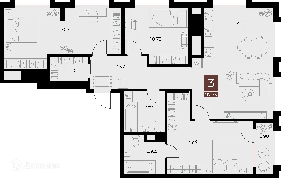 Планировка 3-комнатной квартиры 97.78 м² в ЖК «Галерея», г. Рязань — фото 1