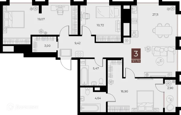 Планировка 3 комн. в ЖК «Галерея»